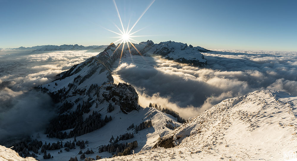 Panorama Winter Winterlandschaft Alpstein Hoher Kasten St. Gallen Appenzellerland Schweiz Sonnenuntergang